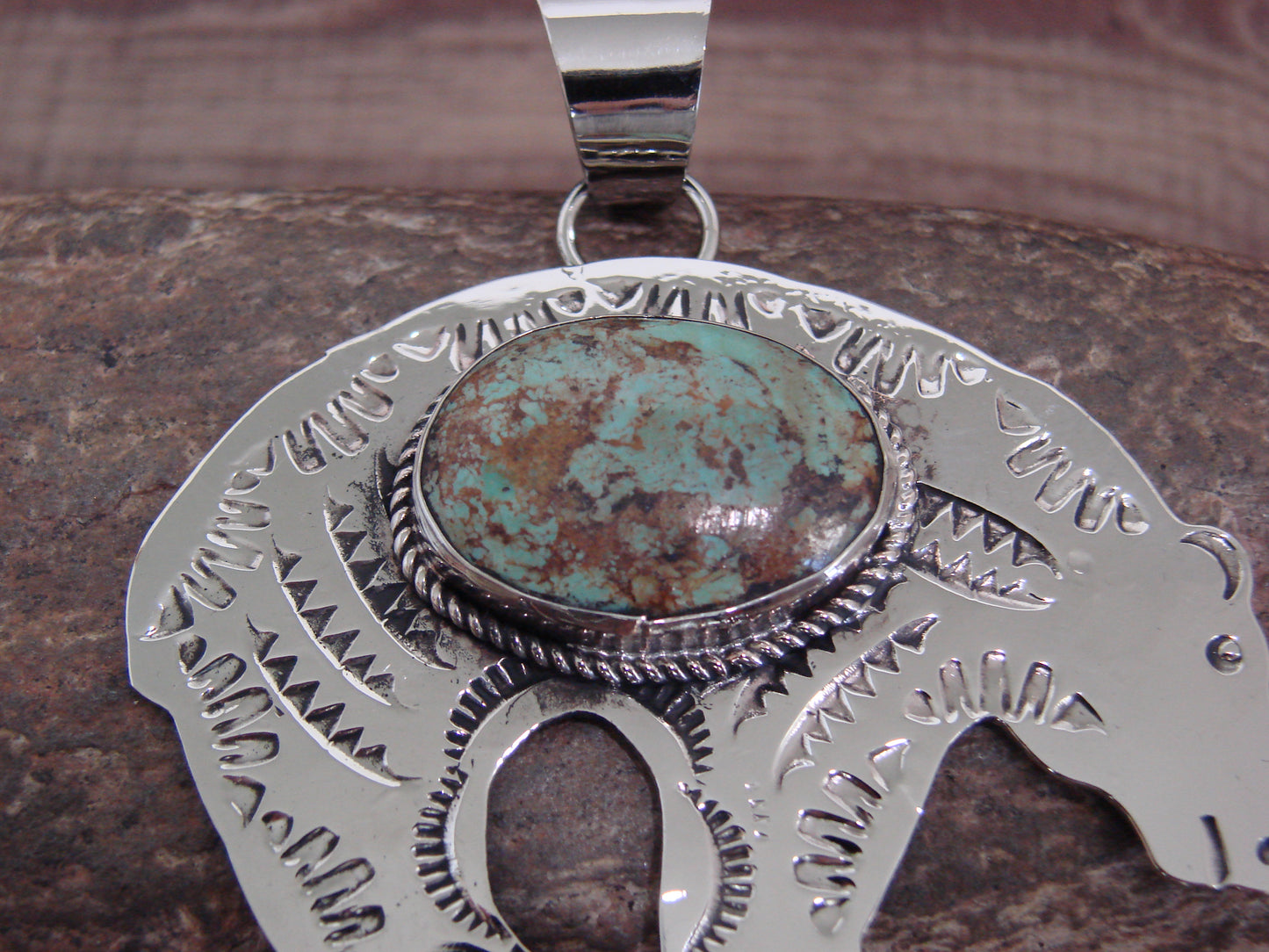 Native American Nickel Silver & Turquoise Bear Pendant - Cleveland