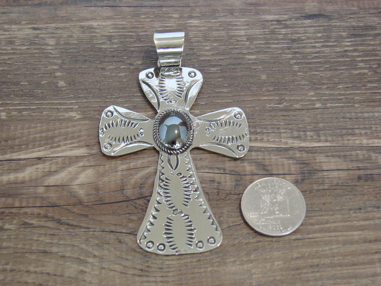 Large Native American Nickel Silver & Hematite Cross Pendant - Cleveland