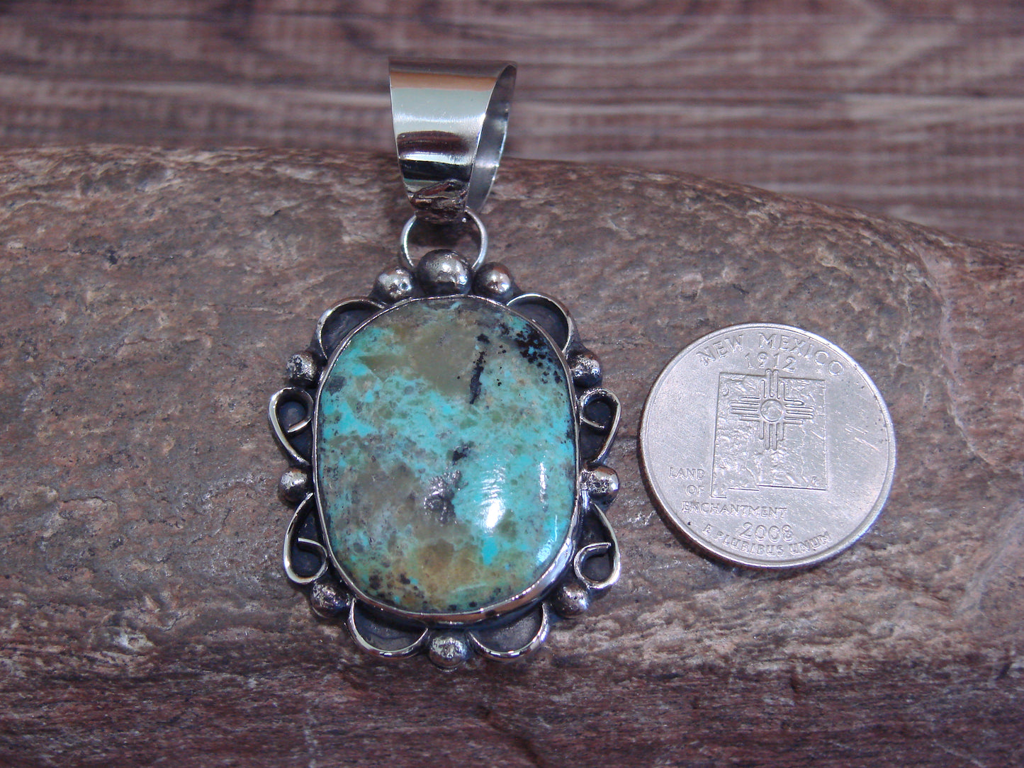 Native American Navajo Nickel Silver & Turquoise Pendant - Cleveland