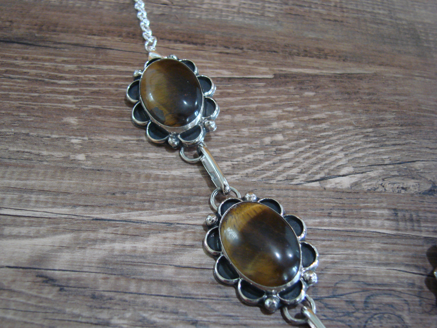 Navajo Indian Nickel Silver & Tiger Eye Link Necklace Signed Cleveland