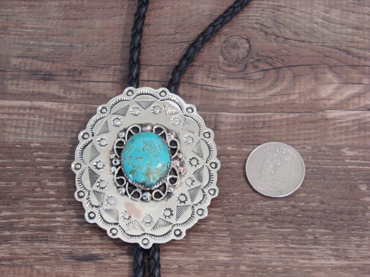 Native American Nickel Silver & Turquoise Bolo Tie - Cleveland