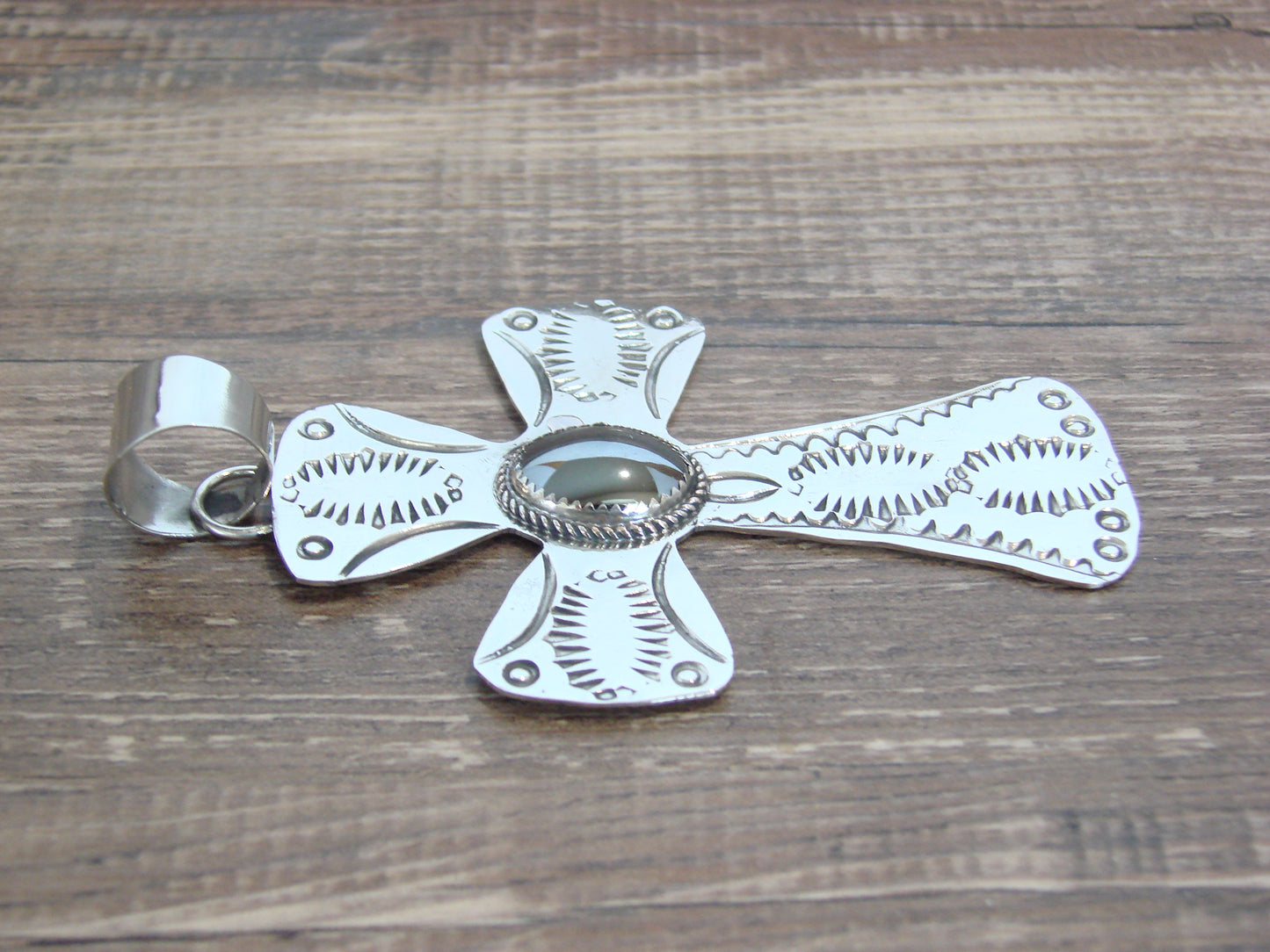 Large Native American Nickel Silver & Hematite Cross Pendant - Cleveland