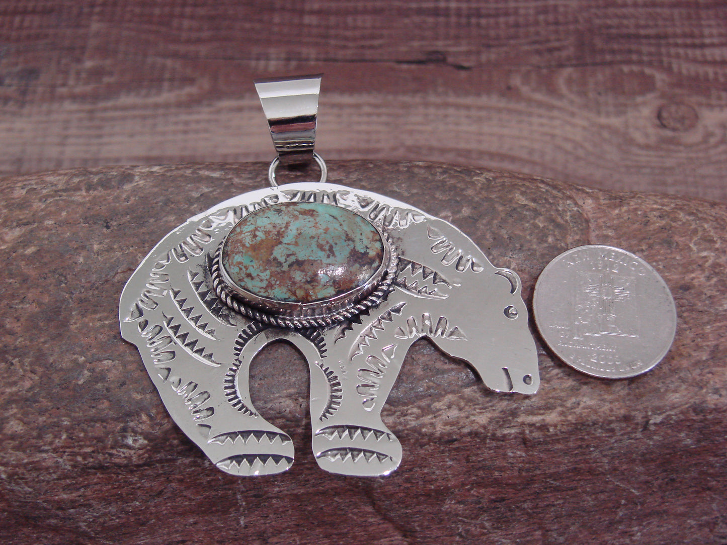 Native American Nickel Silver & Turquoise Bear Pendant - Cleveland