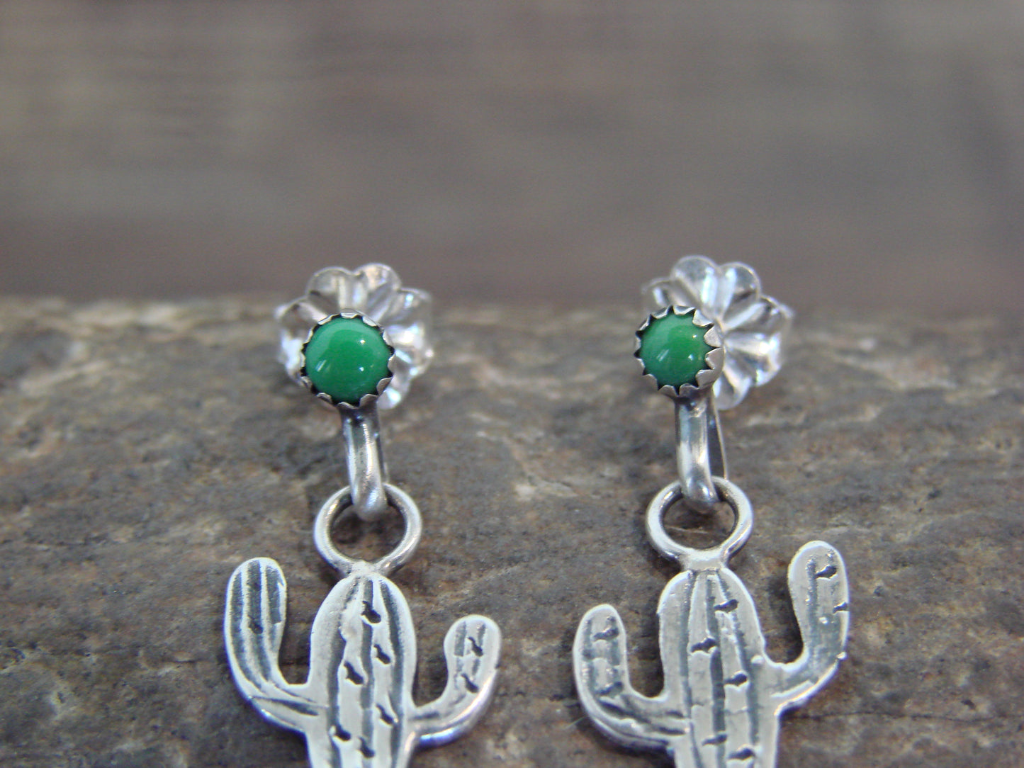 Native American Sterling Silver Green Turquoise Cactus Post Earrings - Yazzie