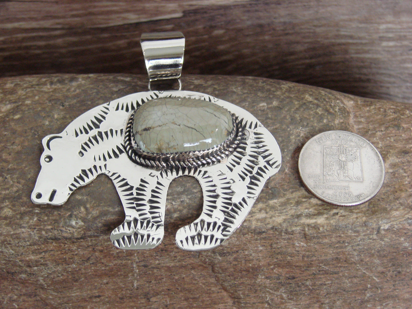 Native American Nickel Silver & Turquoise Bear Pendant - Cleveland