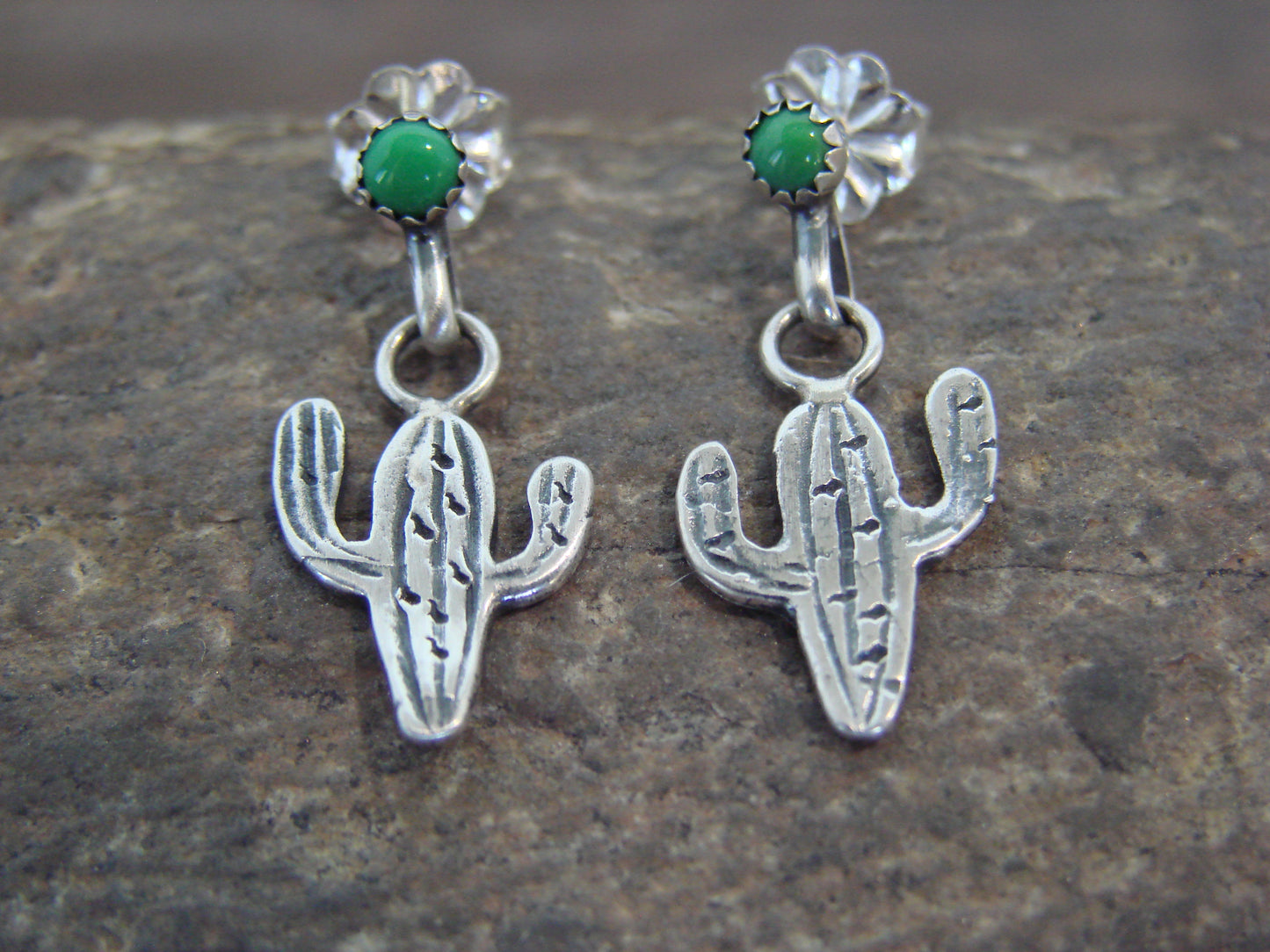 Native American Sterling Silver Green Turquoise Cactus Post Earrings - Yazzie