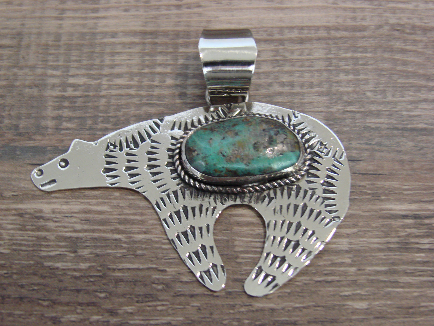 Native American Nickel Silver & Turquoise Bear Pendant - Cleveland