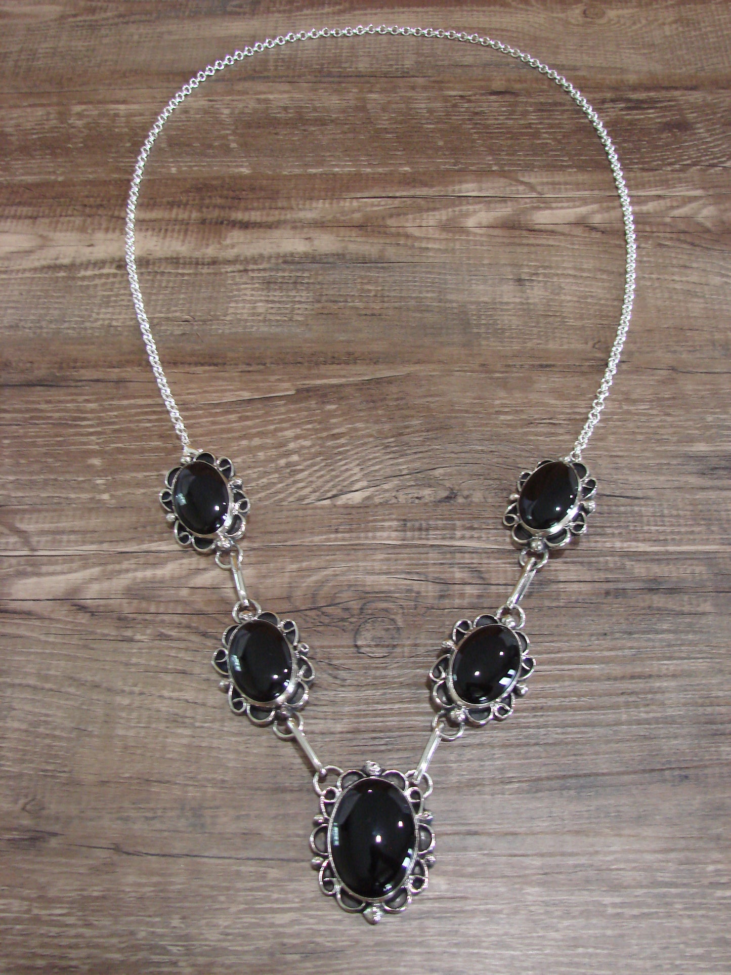 Navajo Indian Nickel Silver & Onyx Link Necklace Signed Cleveland