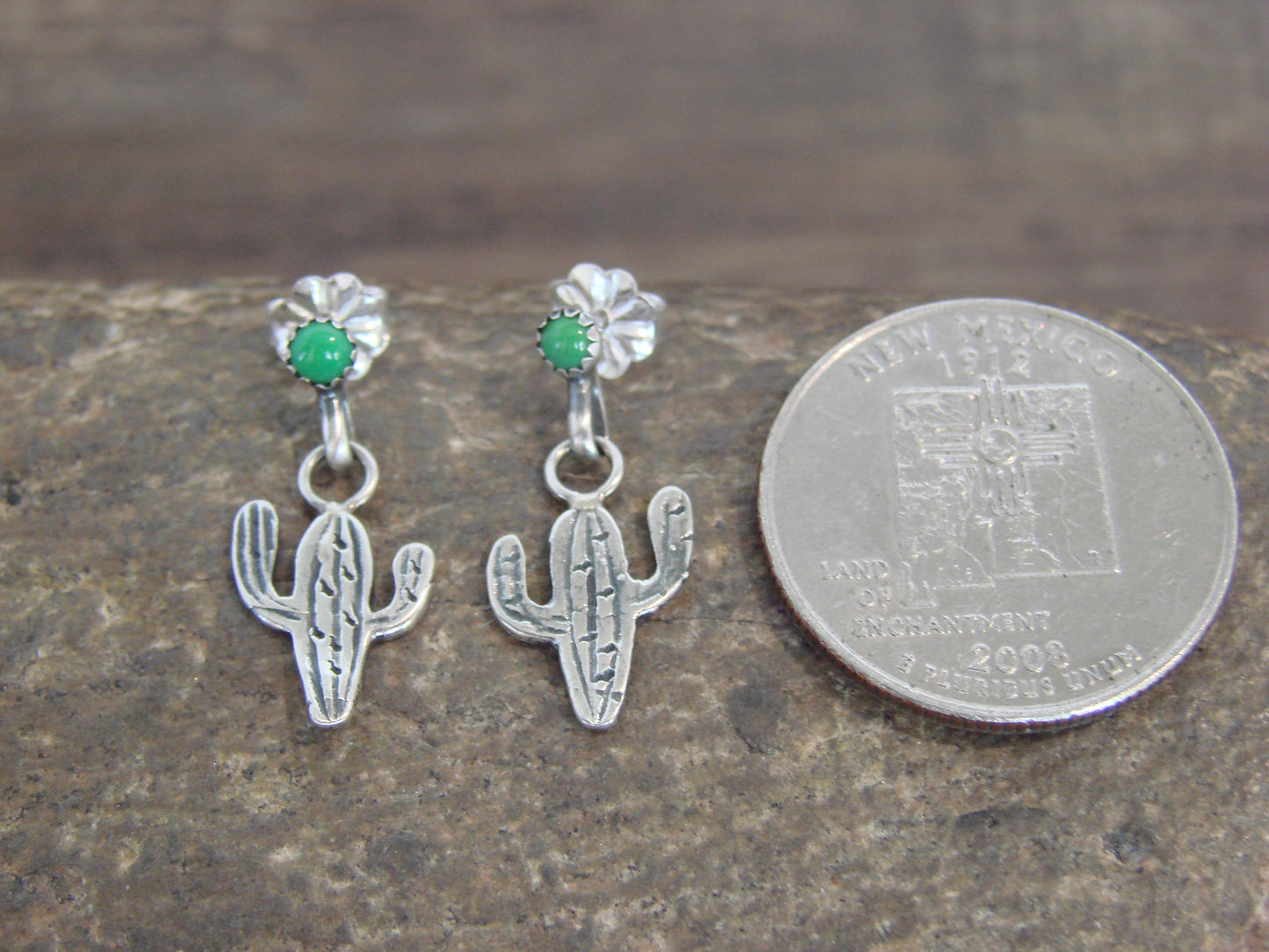 Native American Sterling Silver Green Turquoise Cactus Post Earrings - Yazzie