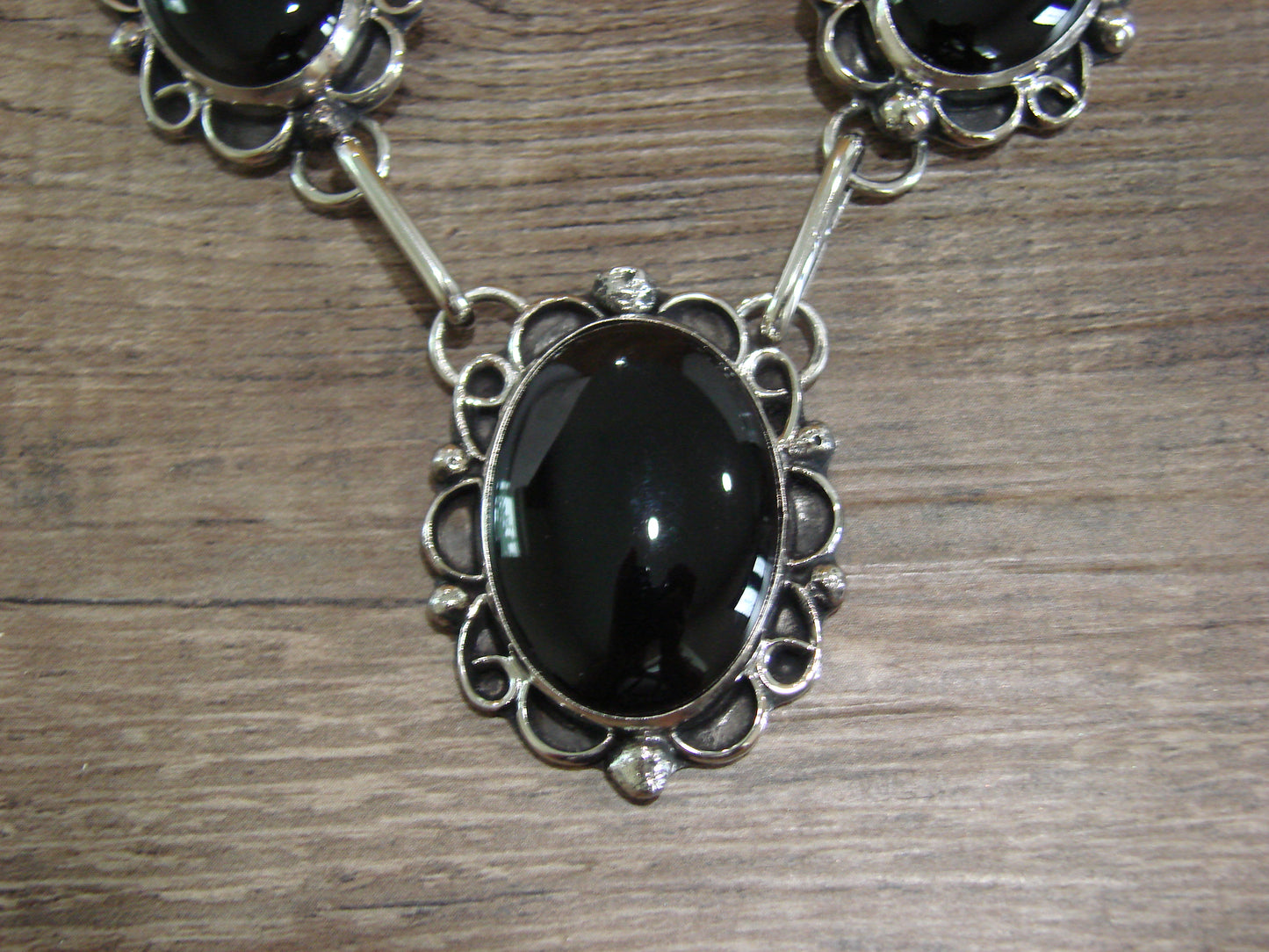 Navajo Indian Nickel Silver & Onyx Link Necklace Signed Cleveland