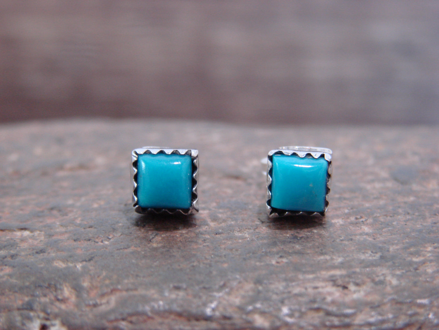Native American Sterling Silver Square Turquoise Post Earrings by Shorty
