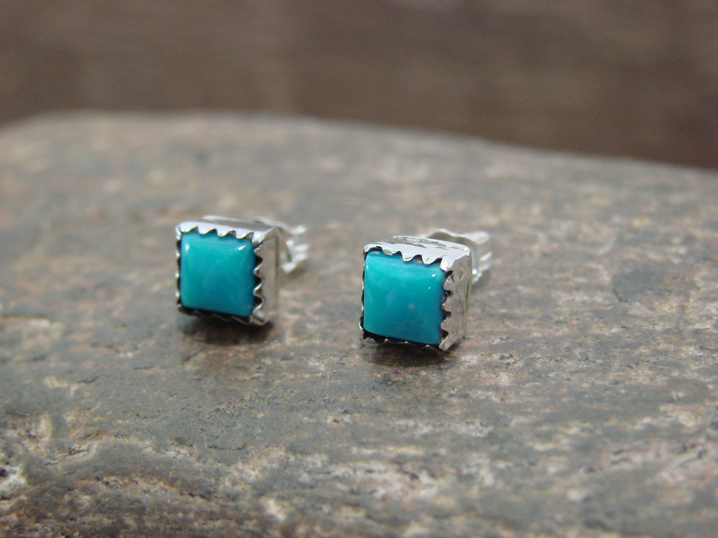 Native American Sterling Silver Square Turquoise Post Earrings by Shorty