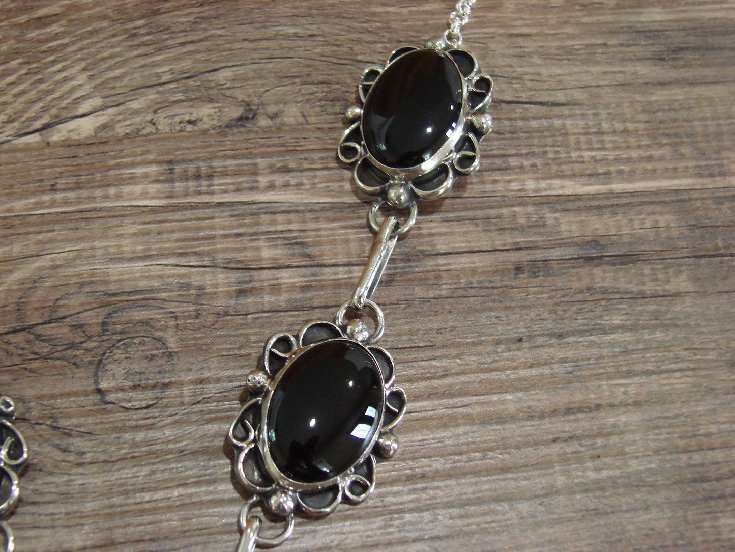 Navajo Indian Nickel Silver & Onyx Link Necklace Signed Cleveland
