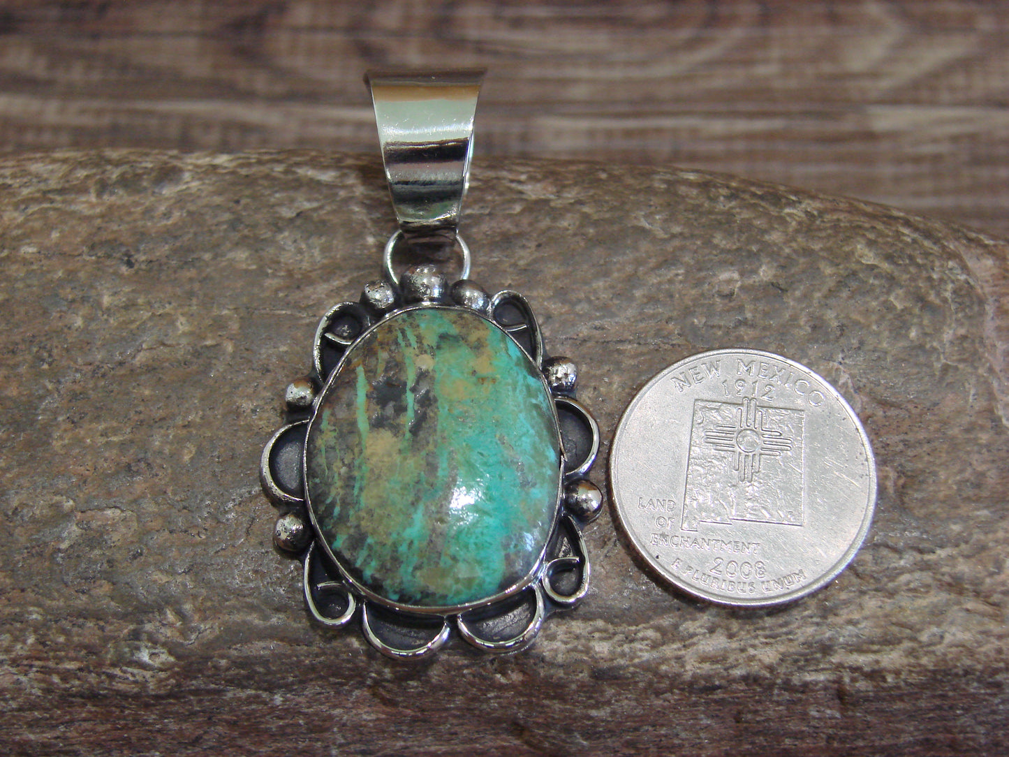 Native American Navajo Nickel Silver & Turquoise Pendant - Cleveland