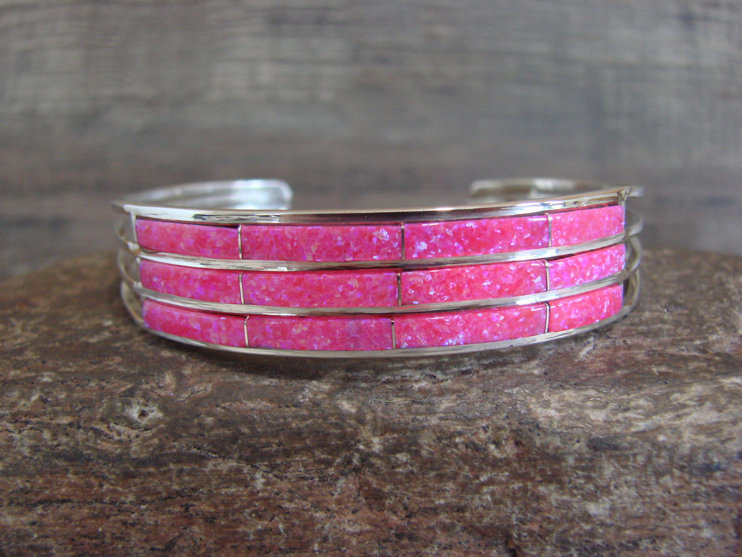 Native American Sterling Silver Pink Opal Inlay 3 Row Bracelet - Johnson