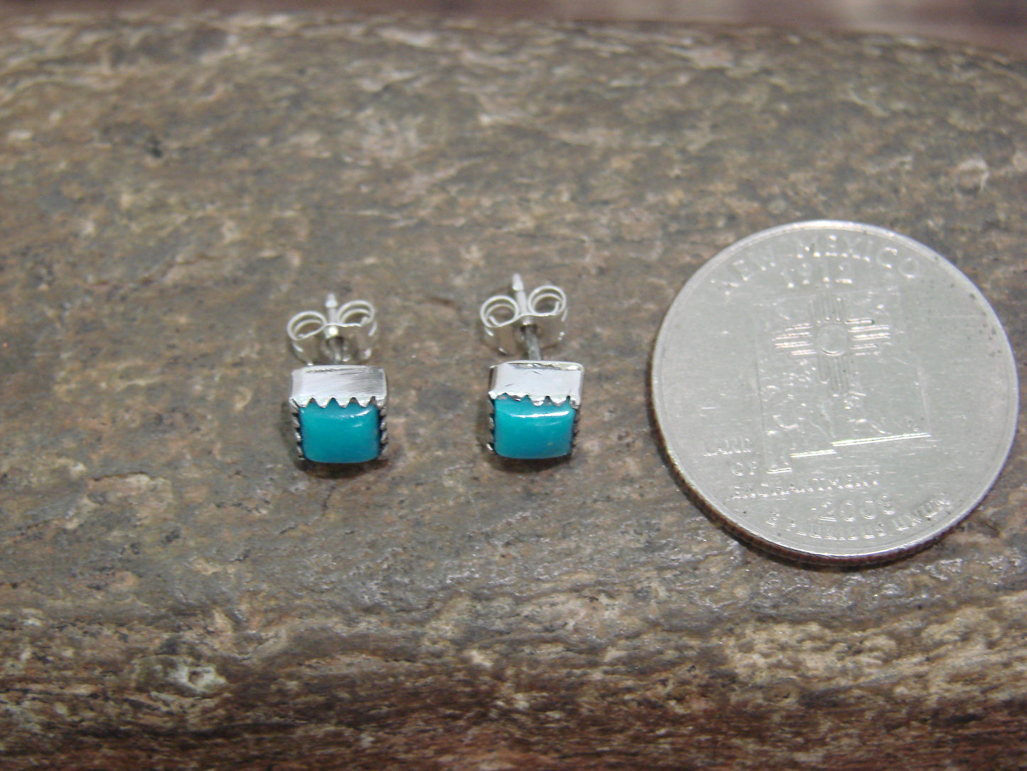 Native American Sterling Silver Square Turquoise Post Earrings by Shorty