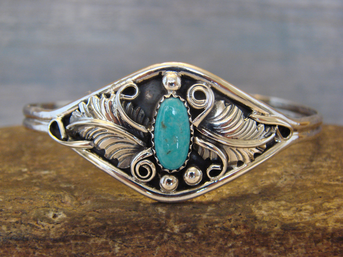Small Native American Sterling Silver & Turquoise Feather Bracelet Yazzie