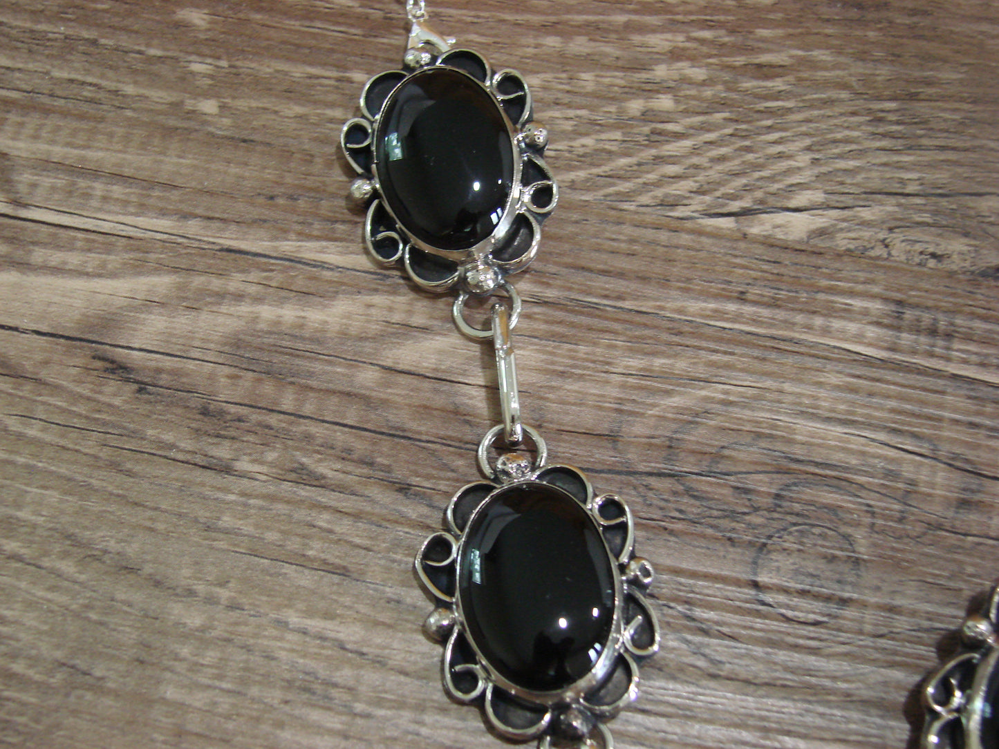 Navajo Indian Nickel Silver & Onyx Link Necklace Signed Cleveland