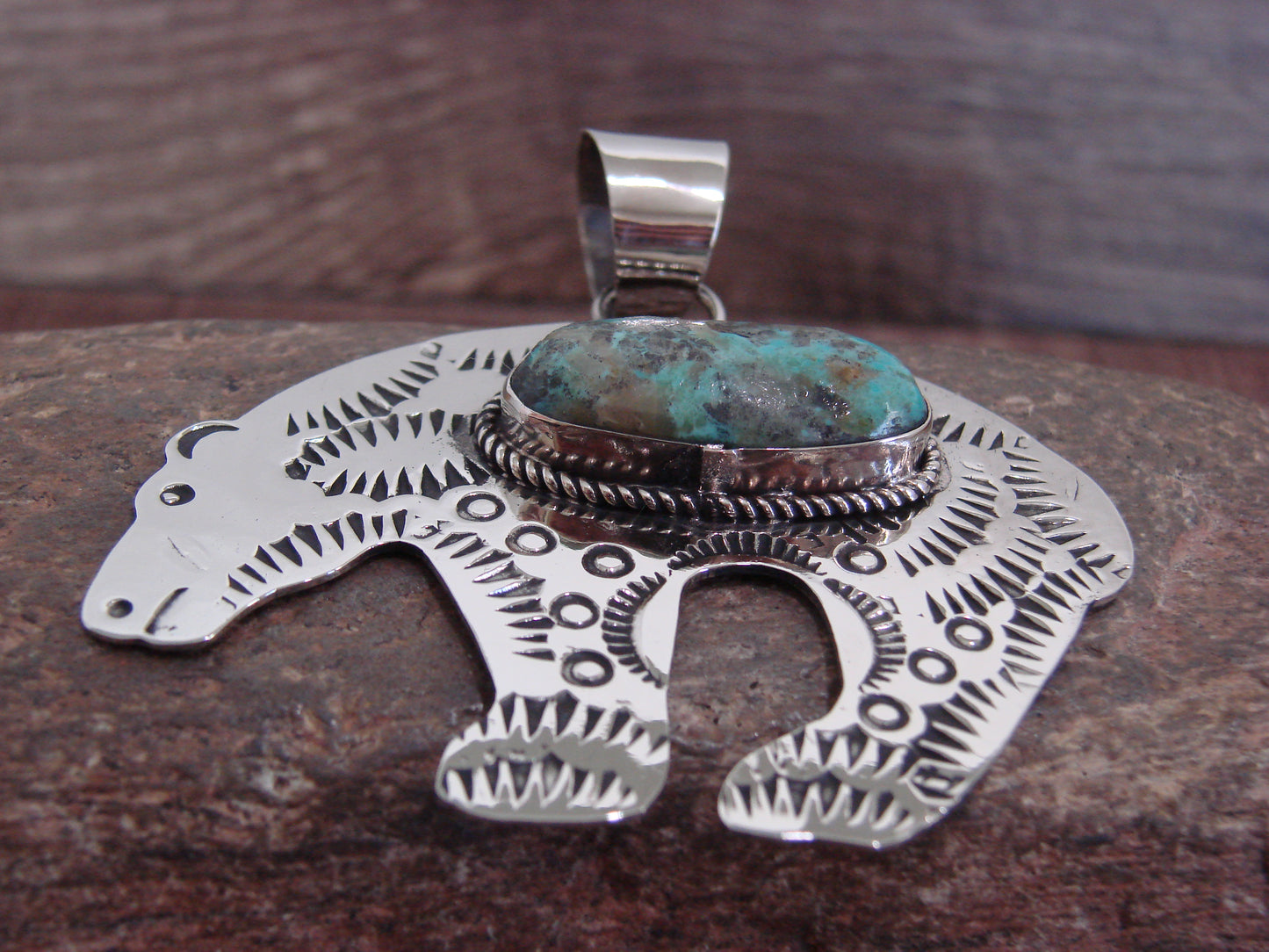 Native American Nickel Silver & Turquoise Bear Pendant - Cleveland