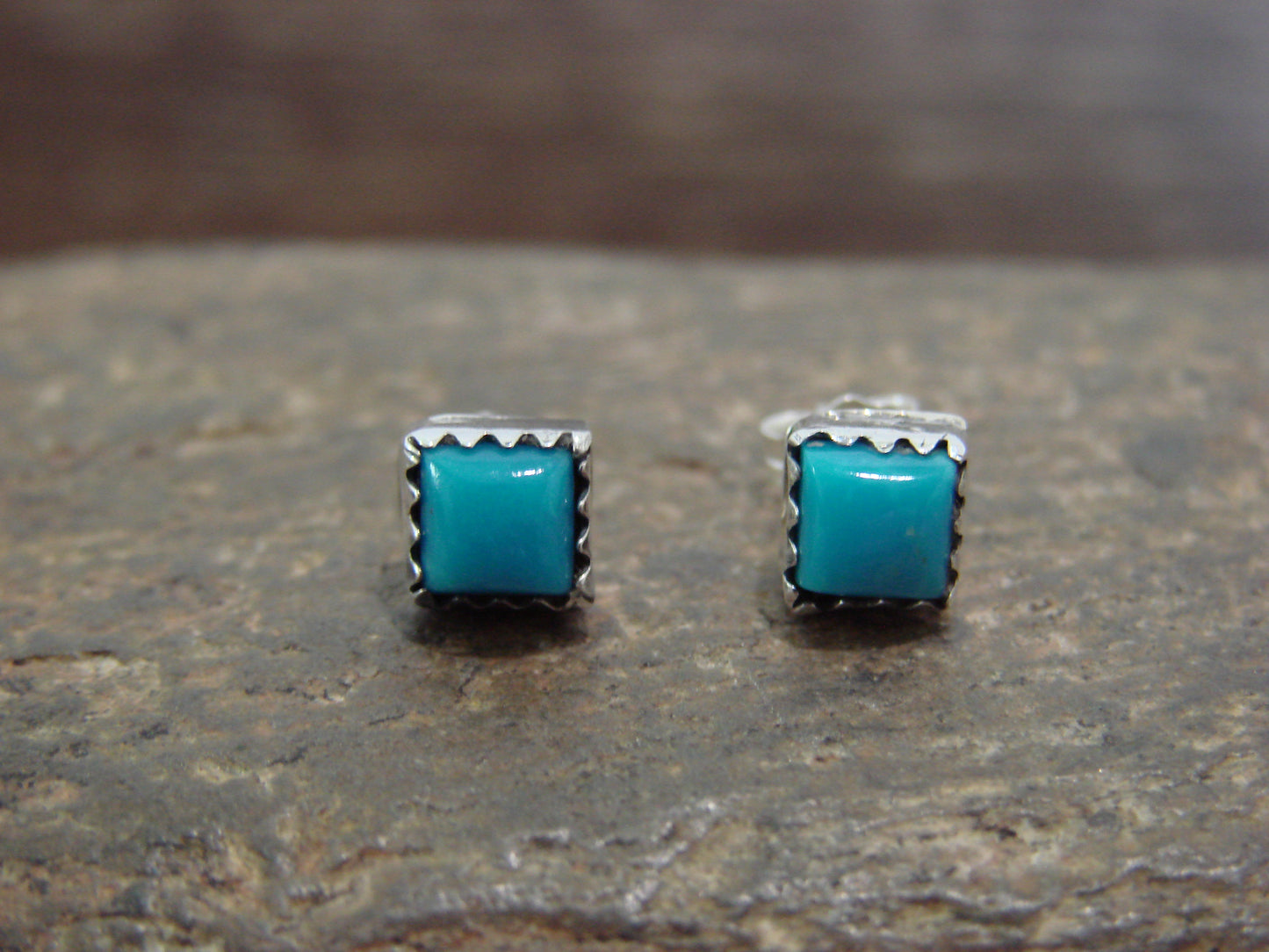 Native American Sterling Silver Square Turquoise Post Earrings by Shorty