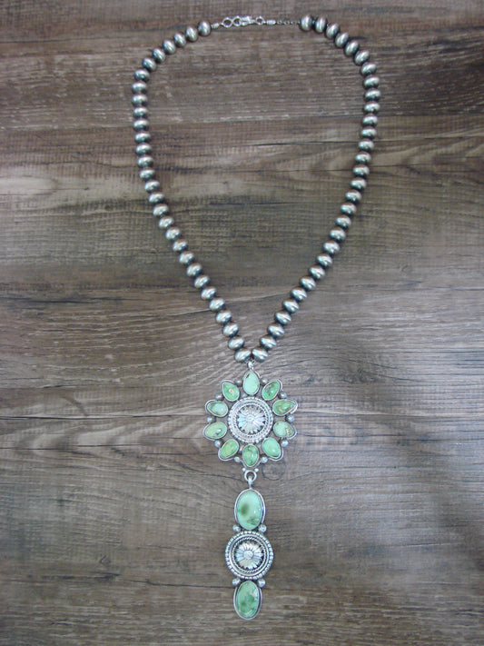 Native American 21" Sterling Silver & Turquoise Navajo Pearl Necklace By Tom Lewis