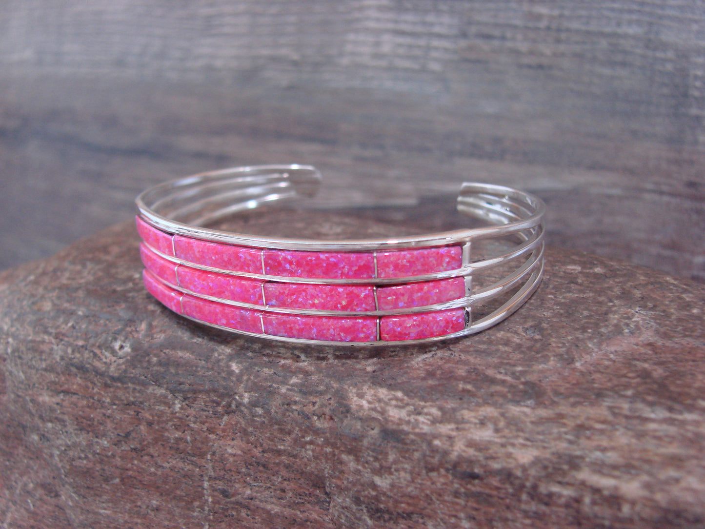 Native American Sterling Silver Pink Opal Inlay 3 Row Bracelet - Johnson