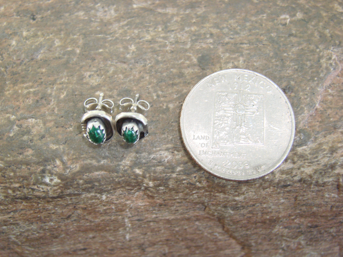 Native American Sterling Silver Handmade Malachite Stud Post Earrings - Spencer
