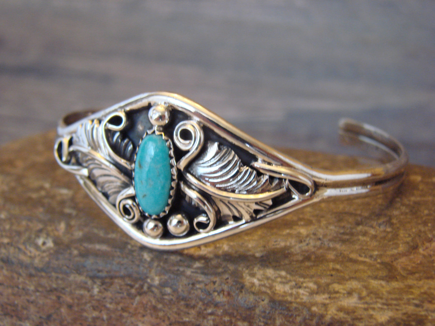 Small Native American Sterling Silver & Turquoise Feather Bracelet Yazzie