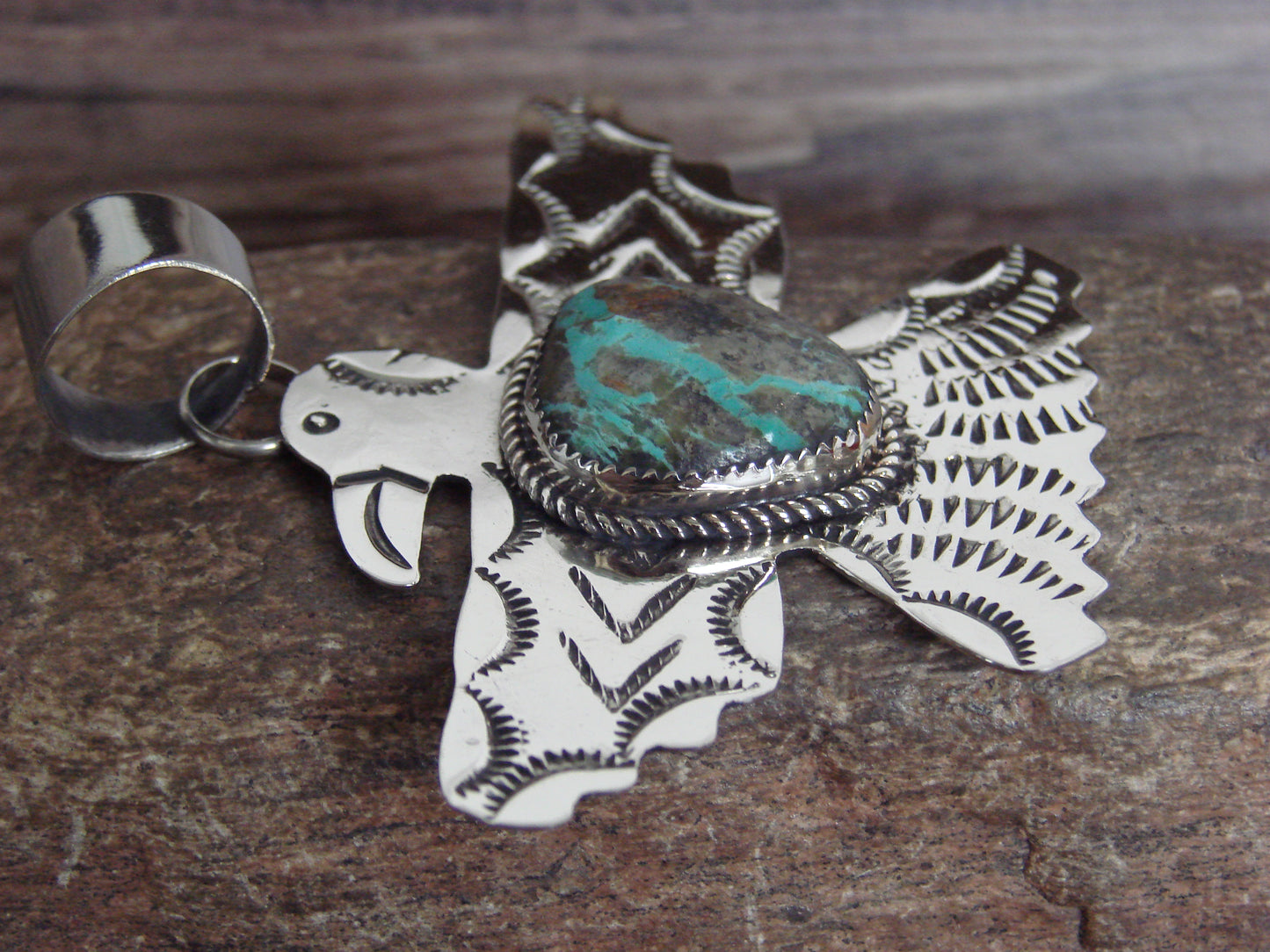 Native American Nickel Silver & Turquoise Thunderbird Pendant - Cleveland
