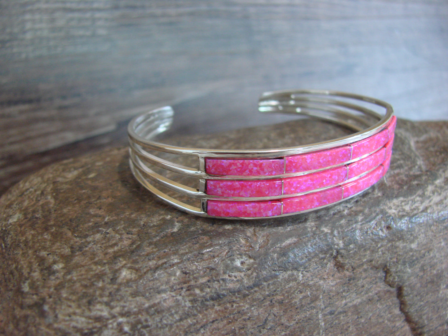 Native American Sterling Silver Pink Opal Inlay 3 Row Bracelet - Johnson