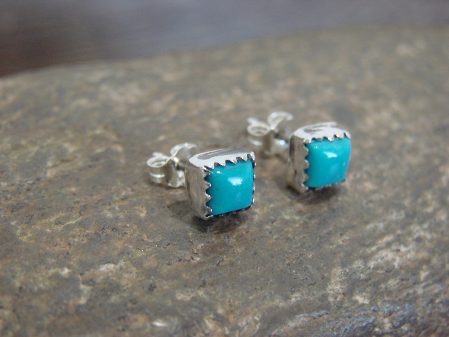 Native American Sterling Silver Square Turquoise Post Earrings by Shorty