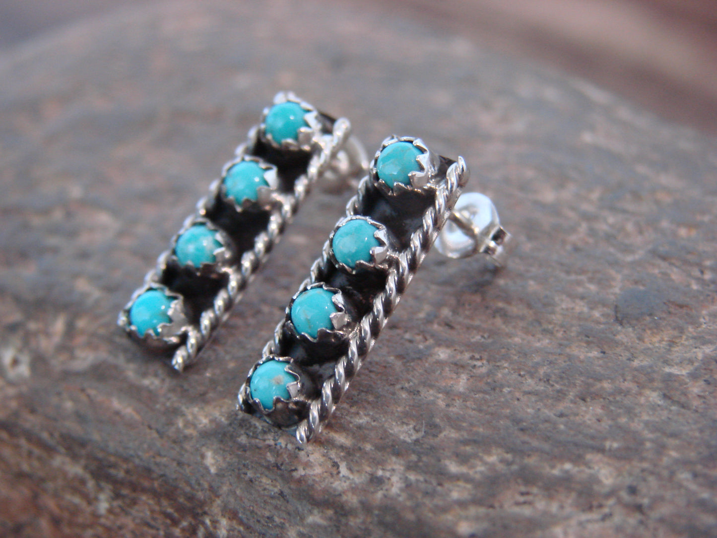Native American Sterling Silver Handmade Turquoise Row Post Earrings - Spencer