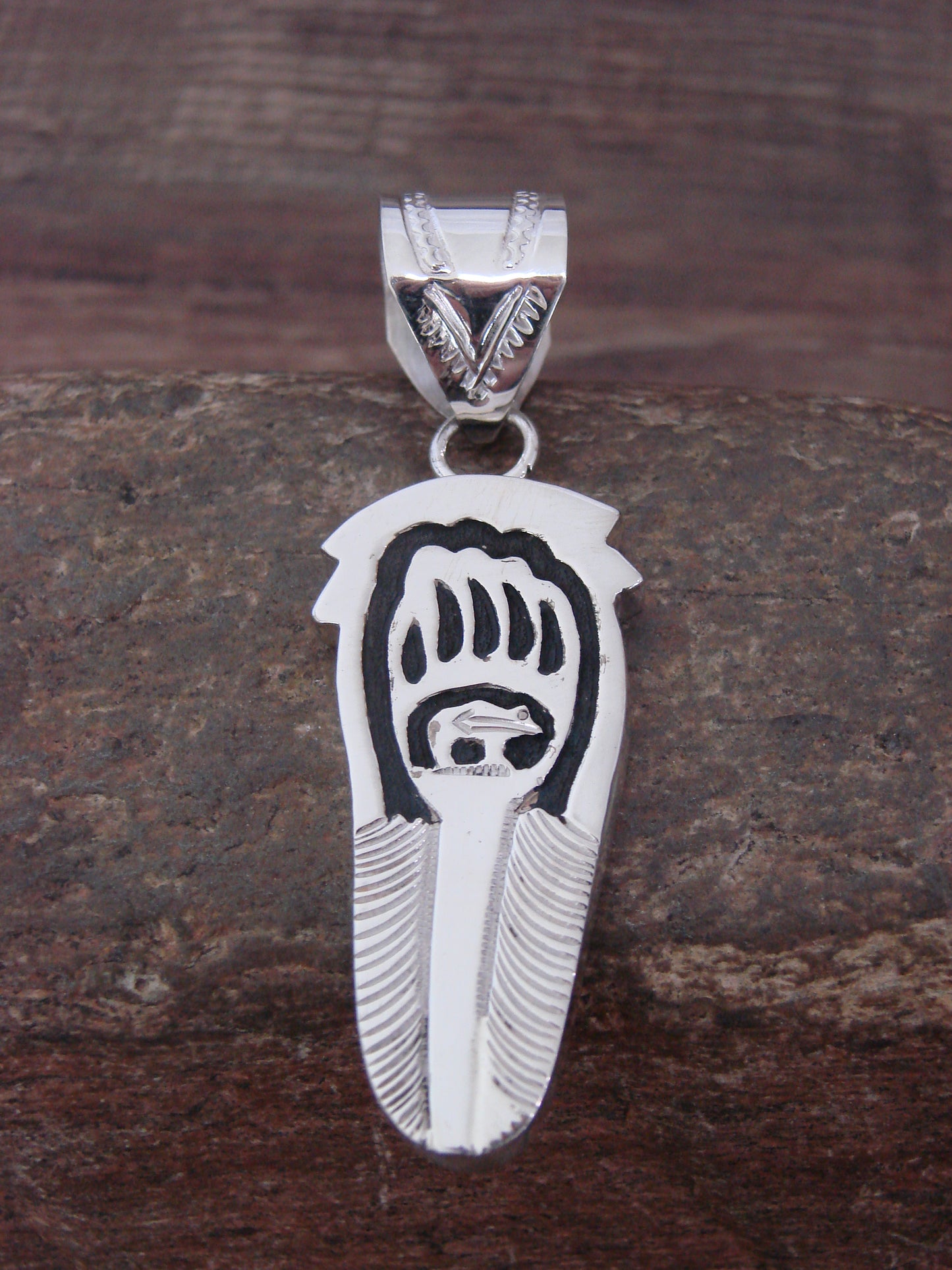 Native American Sterling Silver Feather & Bear Pendant Mariano