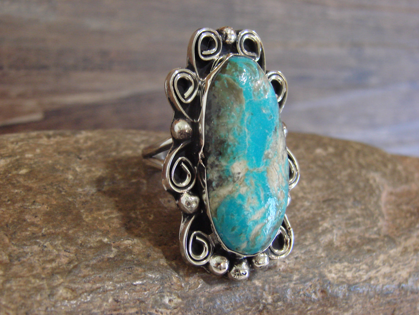 Native American Nickel Silver & Turquoise Ring by Cleveland - Size 10.5
