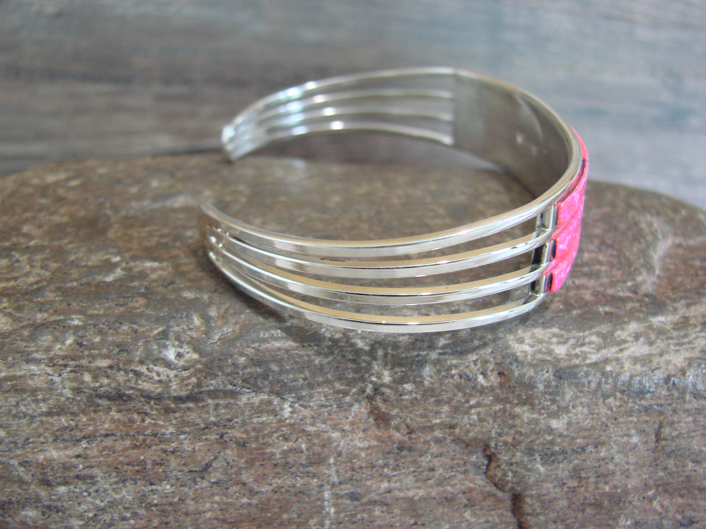 Native American Sterling Silver Pink Opal Inlay 3 Row Bracelet - Johnson