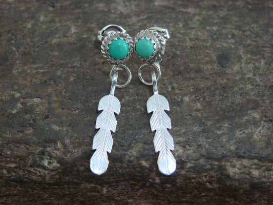 Native American Sterling Silver & Turquoise Feather Dangle Earrings by White