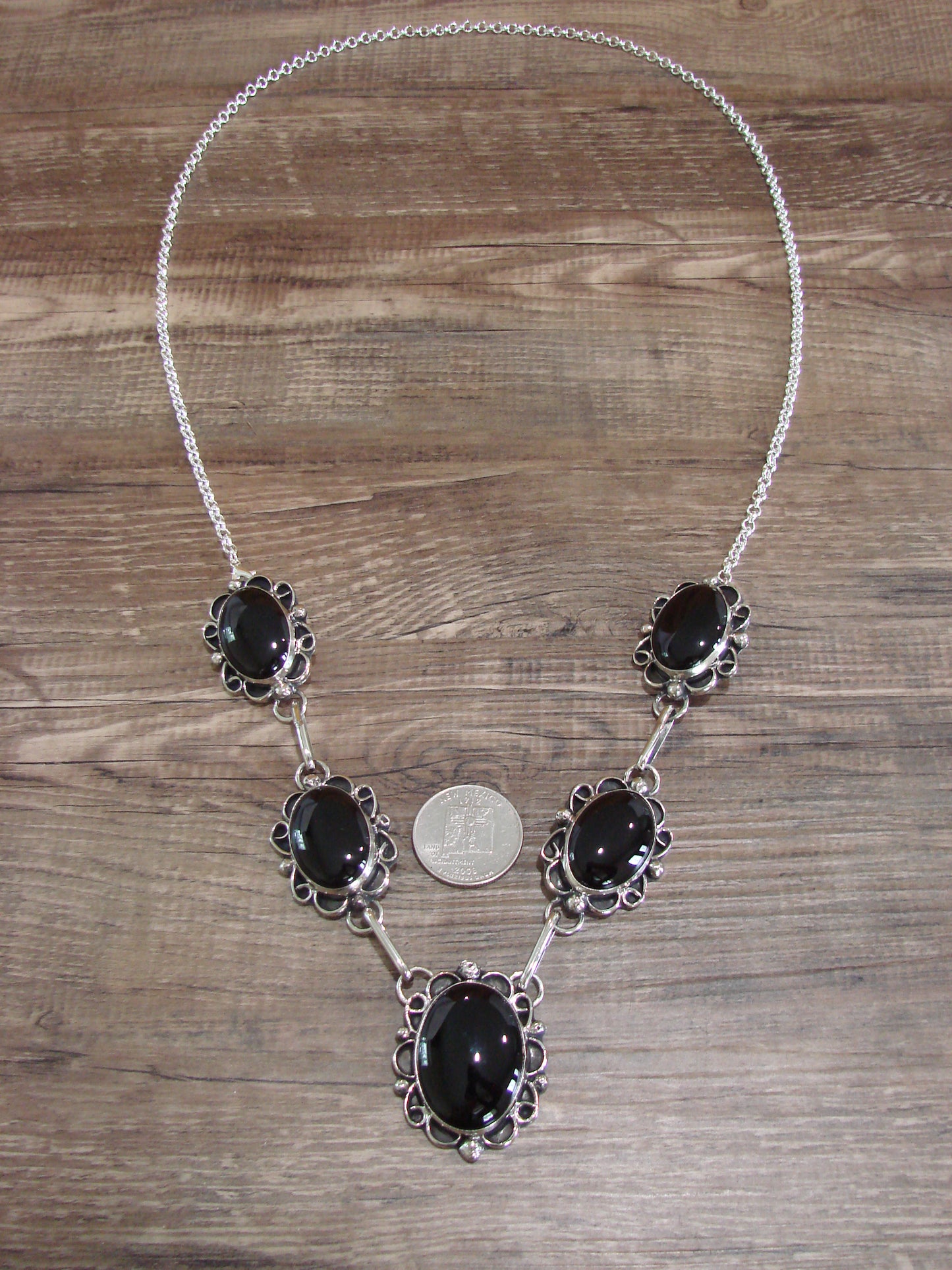 Navajo Indian Nickel Silver & Onyx Link Necklace Signed Cleveland
