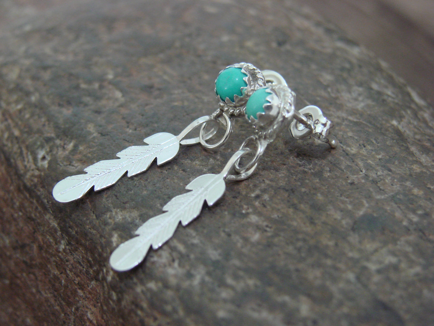 Native American Sterling Silver & Turquoise Feather Dangle Earrings by White