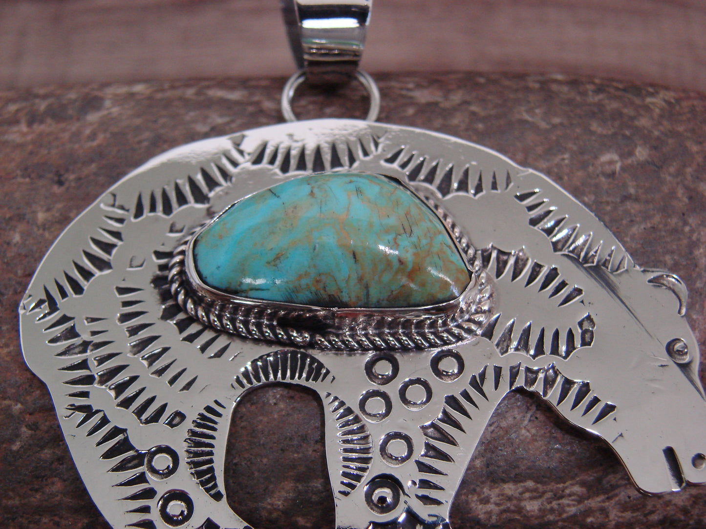 Native American Nickel Silver & Turquoise Bear Pendant - Cleveland
