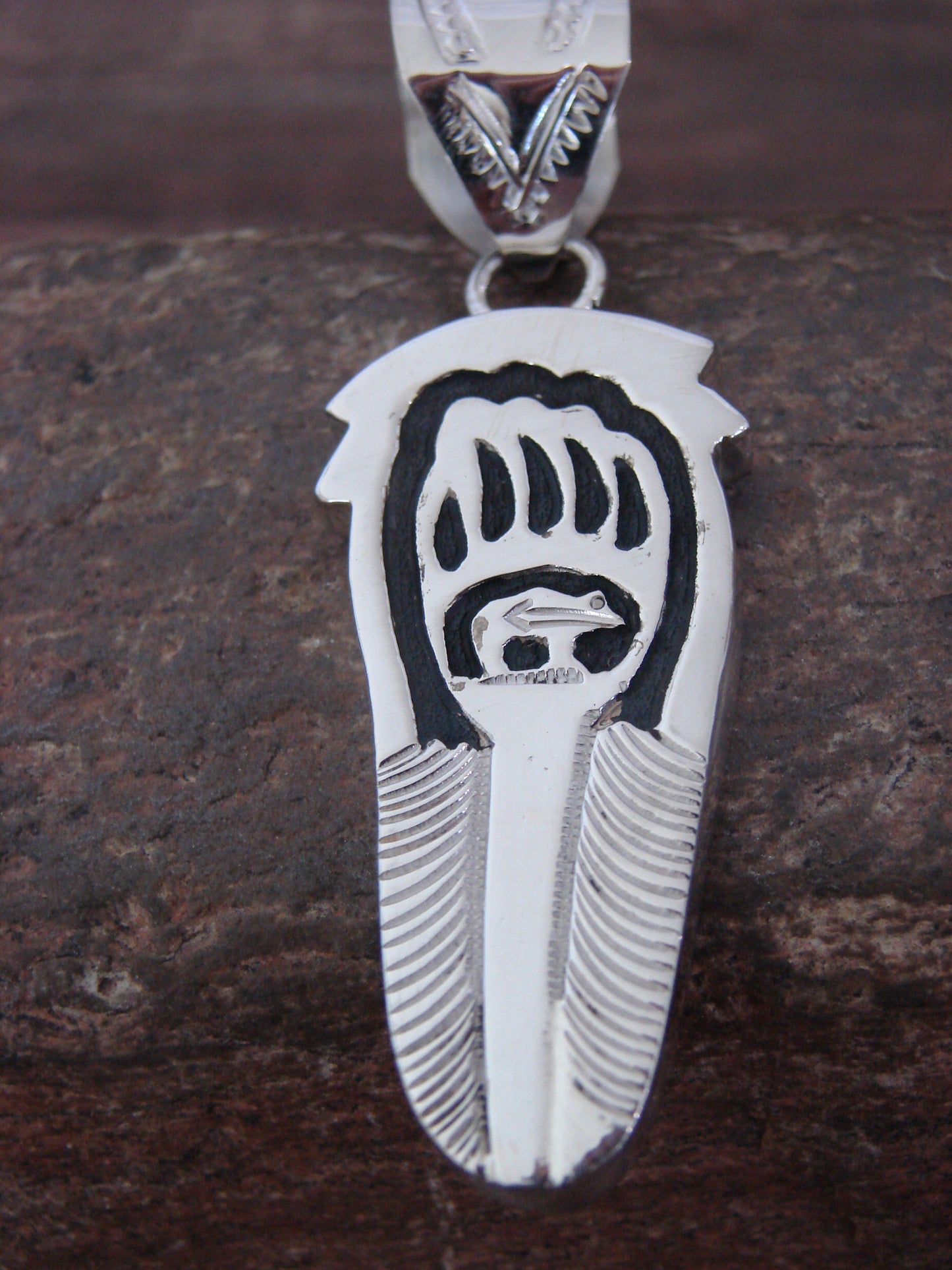 Native American Sterling Silver Feather & Bear Pendant Mariano
