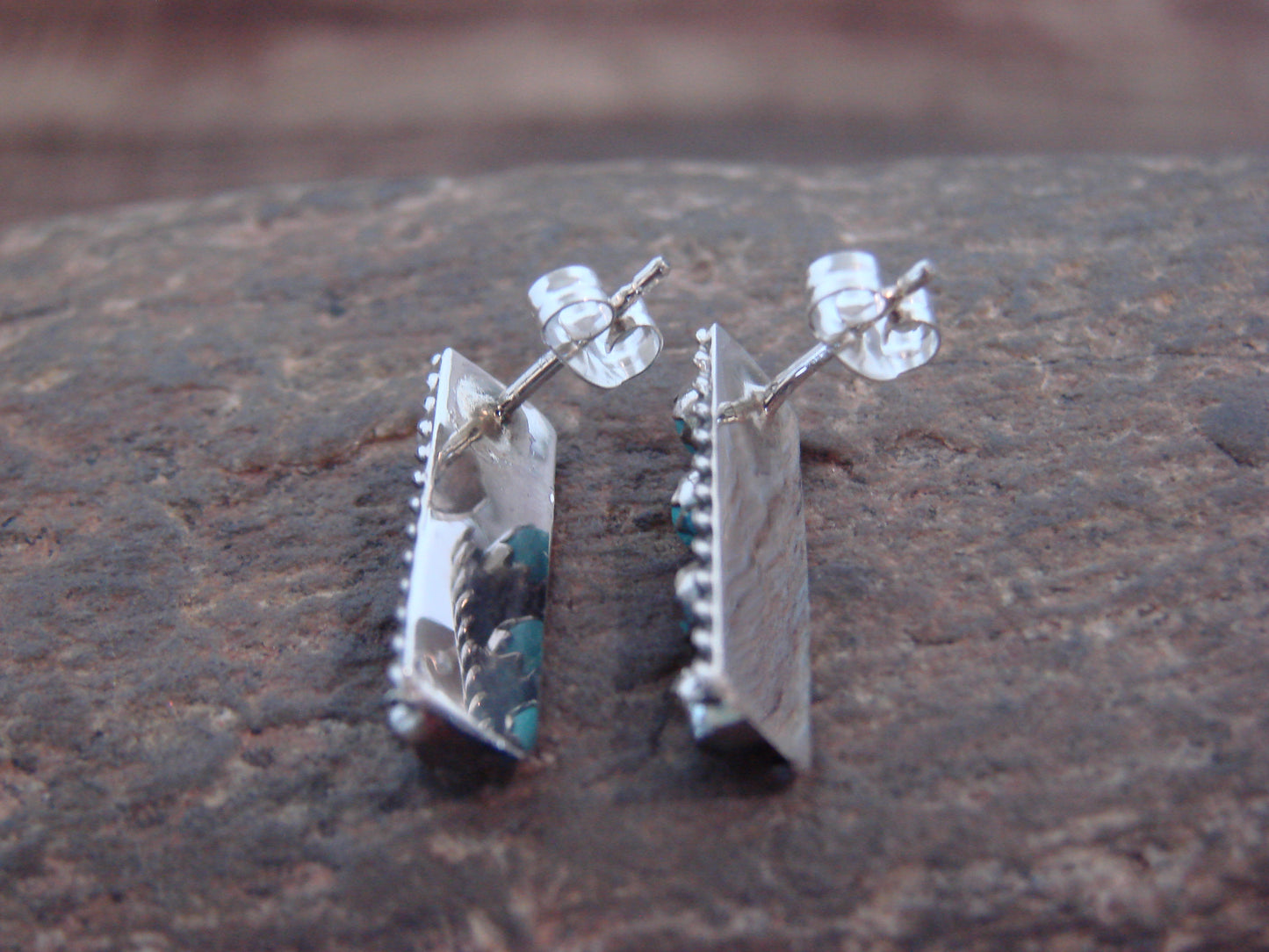 Native American Sterling Silver Handmade Turquoise Row Post Earrings - Spencer