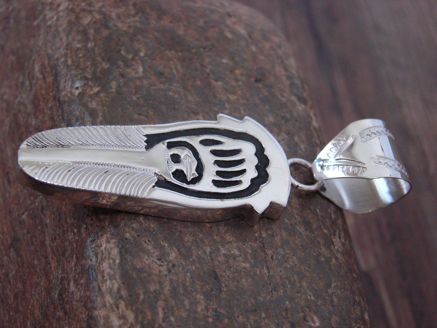 Native American Sterling Silver Feather & Bear Pendant Mariano