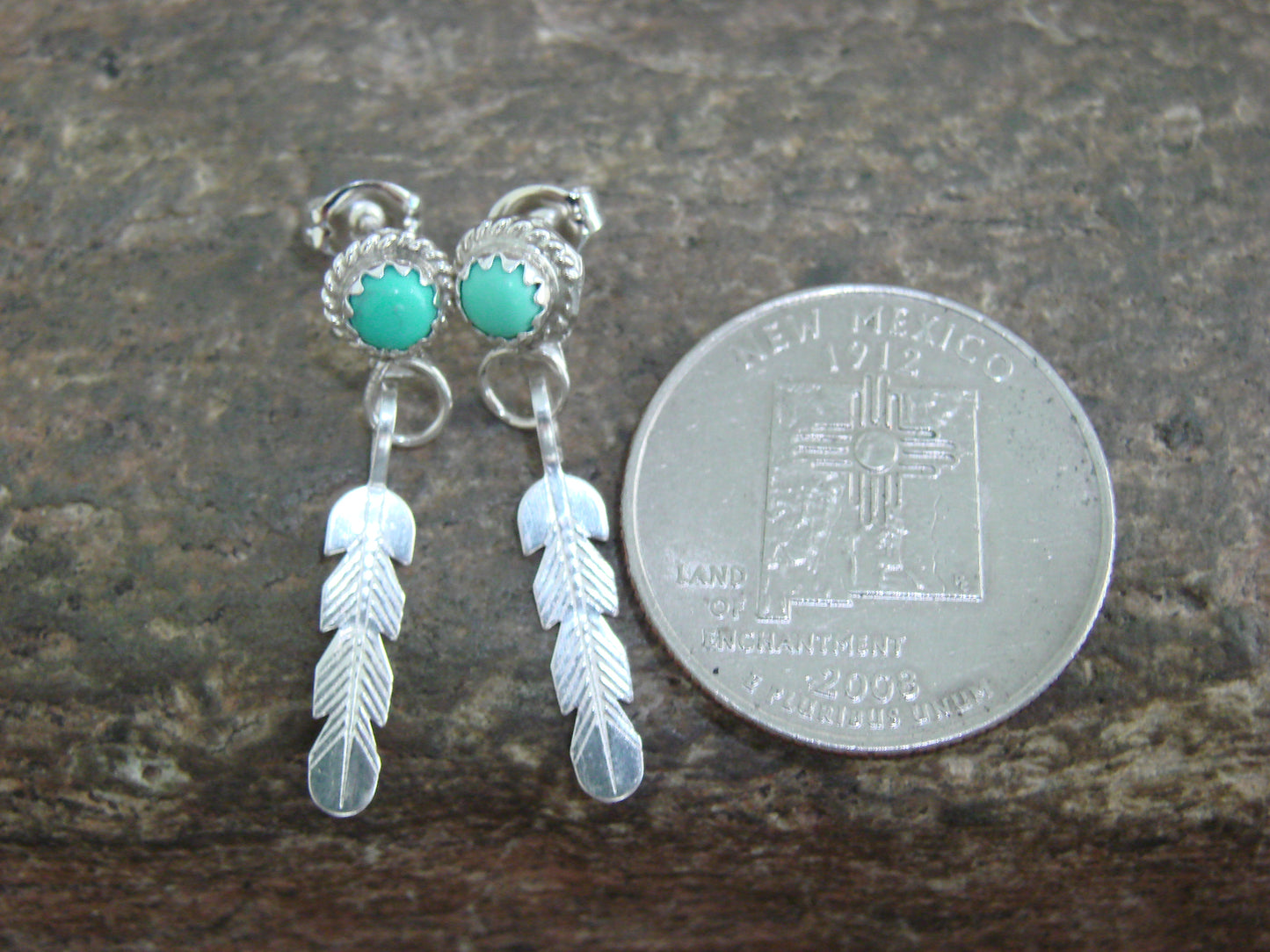 Native American Sterling Silver & Turquoise Feather Dangle Earrings by White