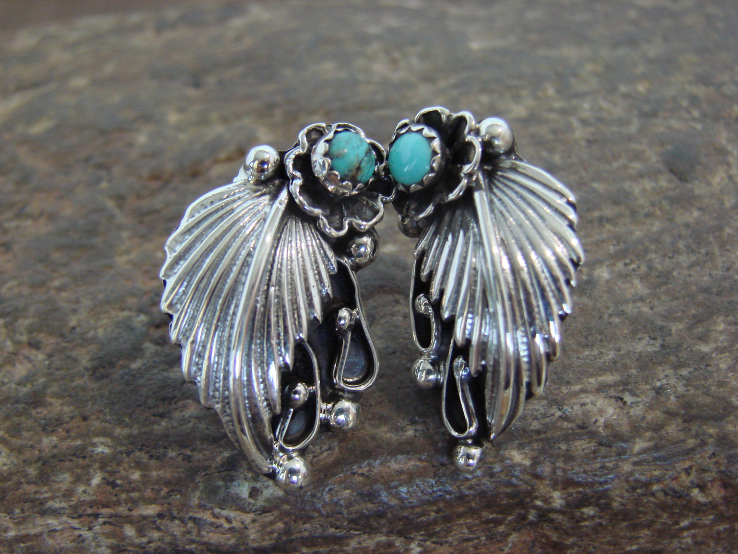 Native American Sterling Silver & Turquoise Post Feather Earrings by Lewis