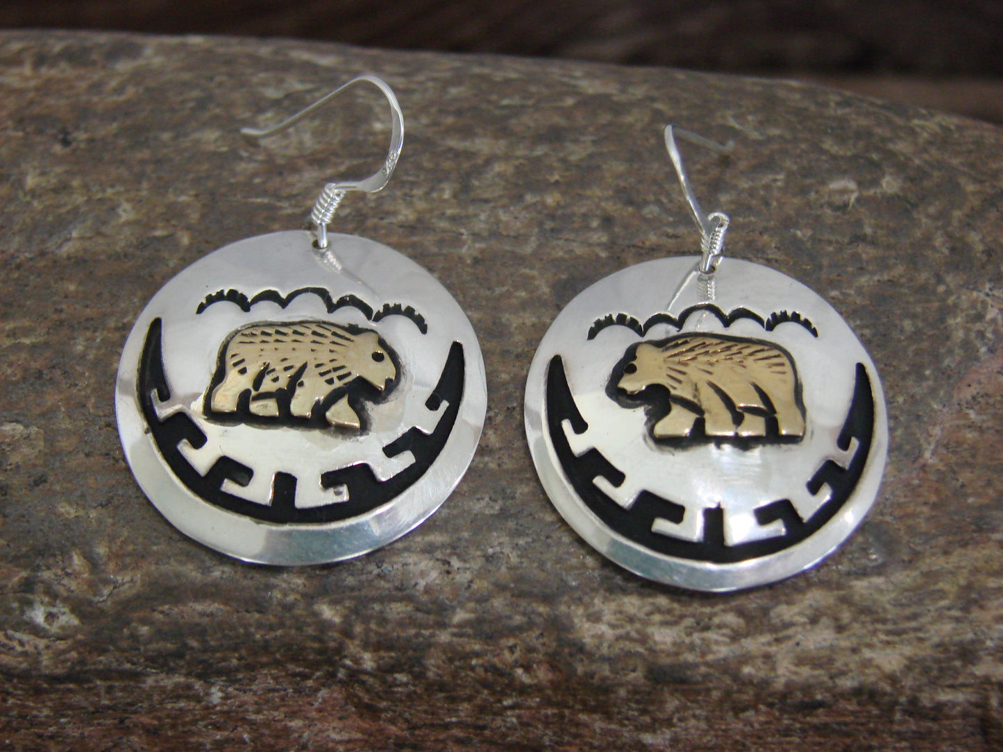 Native American Sterling Silver & Gold Fill Bear Dangle Earrings - Singer