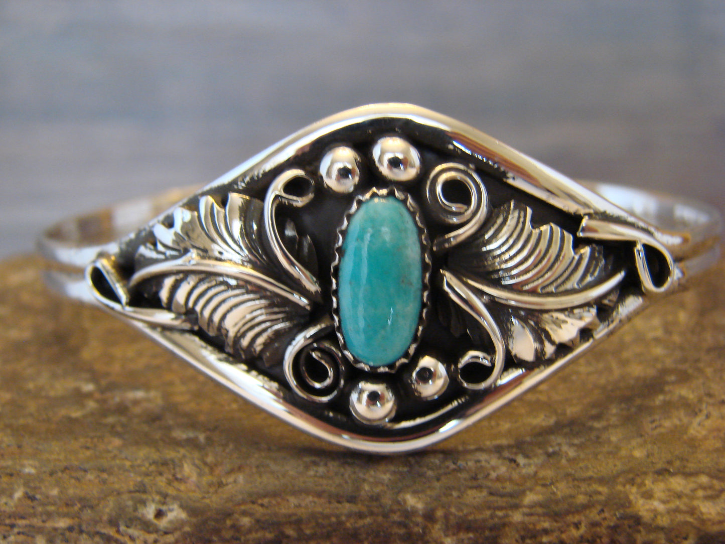 Small Native American Sterling Silver & Turquoise Feather Bracelet Yazzie