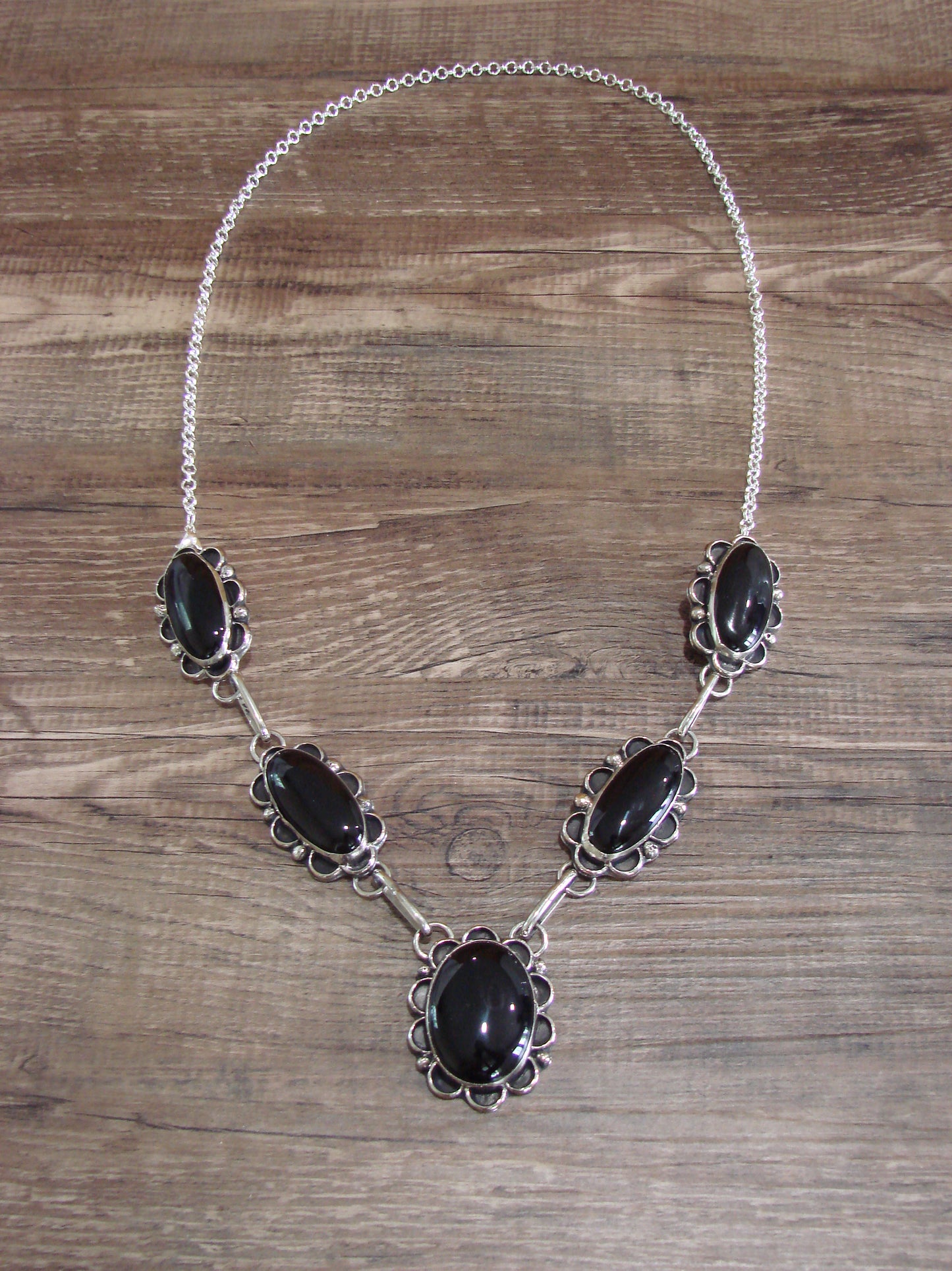 Navajo Indian Nickel Silver & Onyx Link Necklace Signed Cleveland