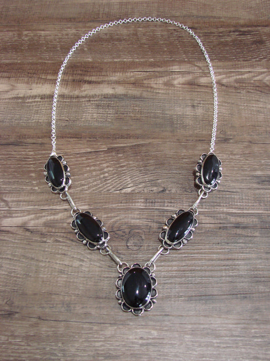 Navajo Indian Nickel Silver & Onyx Link Necklace Signed Cleveland