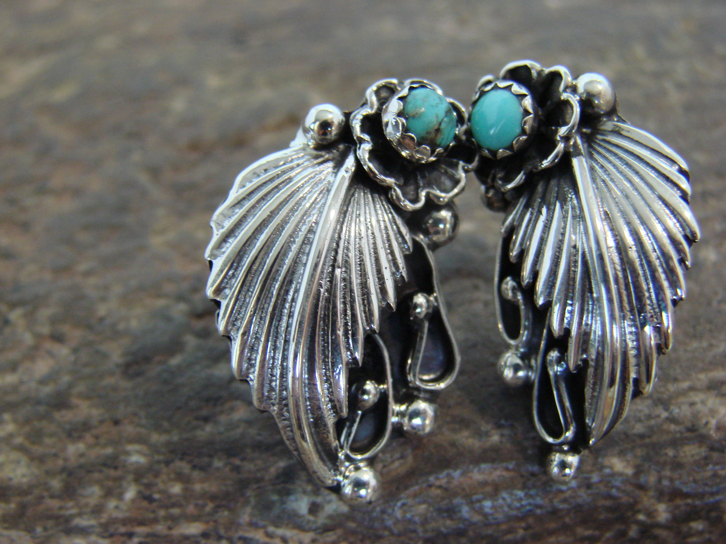 Native American Sterling Silver & Turquoise Post Feather Earrings by Lewis