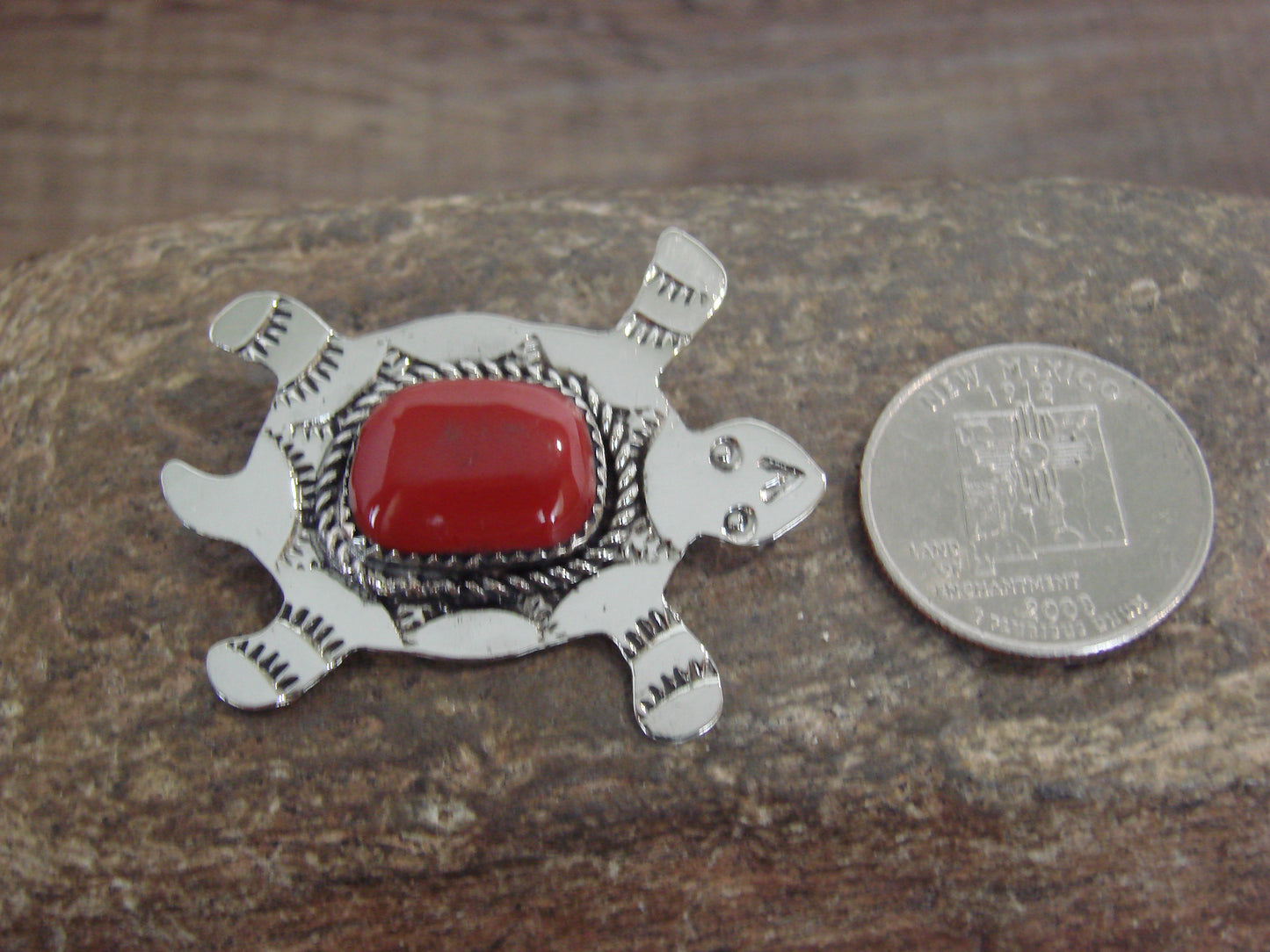 Native American Nickel Silver & Coral Turtle Pin - Cleveland